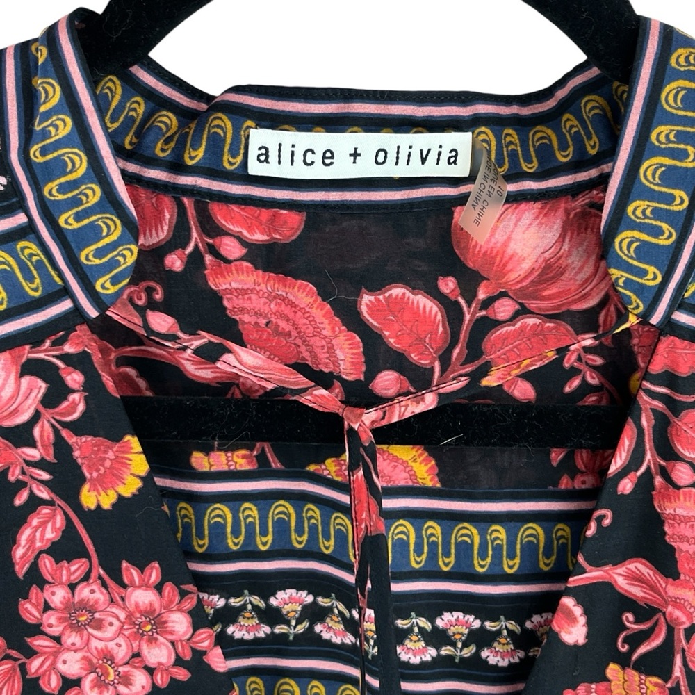Alice + Olivia Black Floral Mini Dress with Pink and Gold Border - Picture 12 of 16